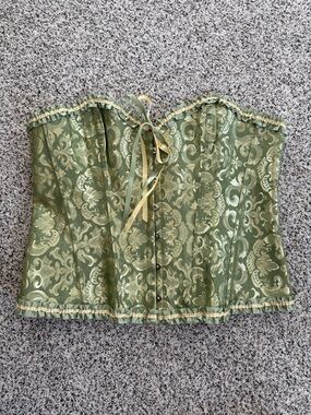 Green Brocade Corset Top with Ribbon Tie